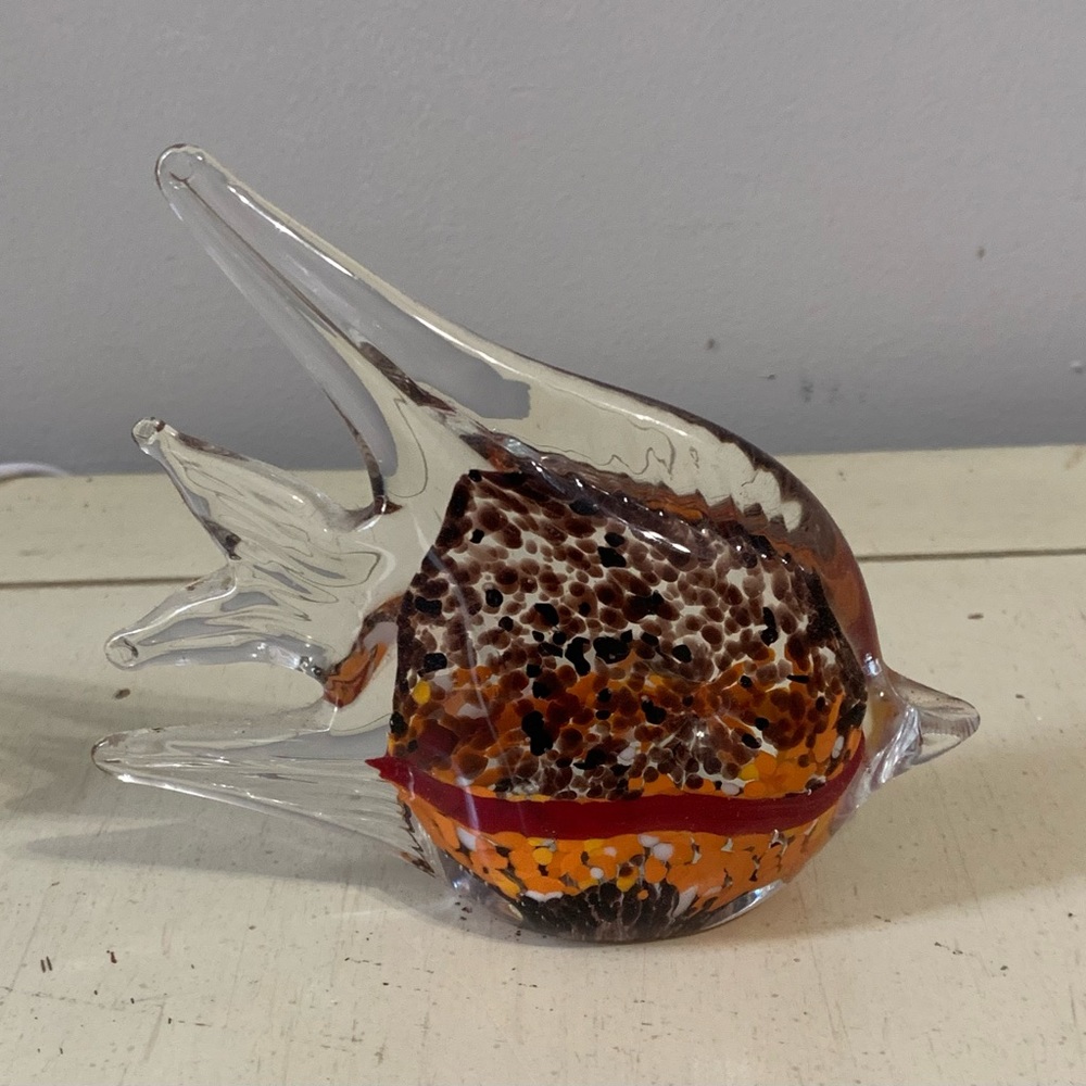 Hand Blown Glass Fish Paperweight Vintage Black Brown Orange Red Angelfish